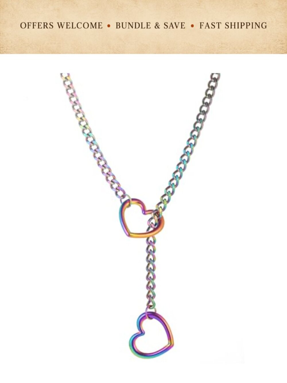 Stainless Steel Cuban Chain Heart O-Ring Slip Choker Adjustable Lariat Necklace